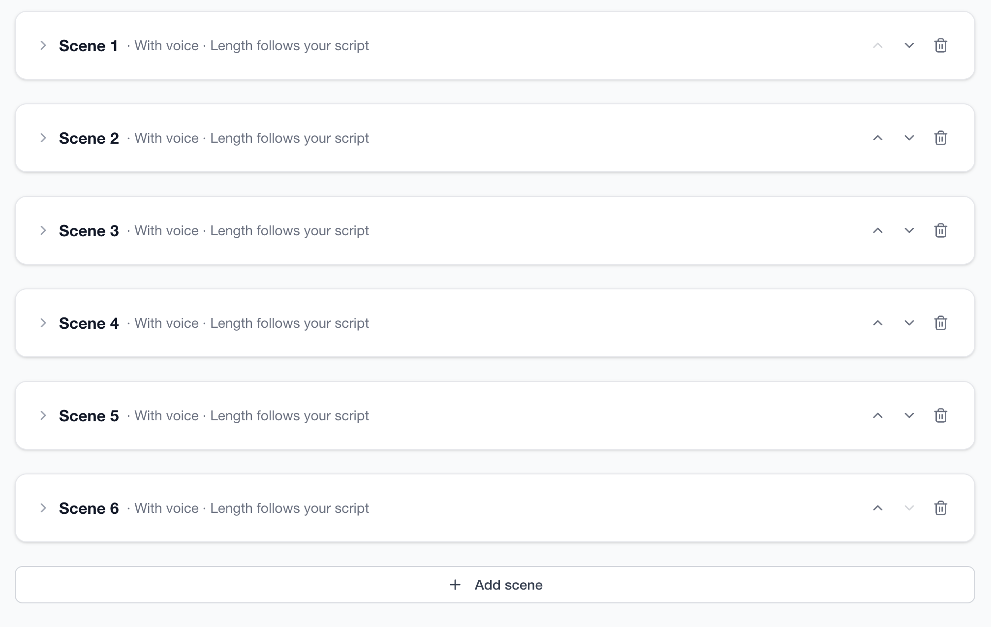 Multi-scene builder listing ordered scenes with add, reorder and delete controls