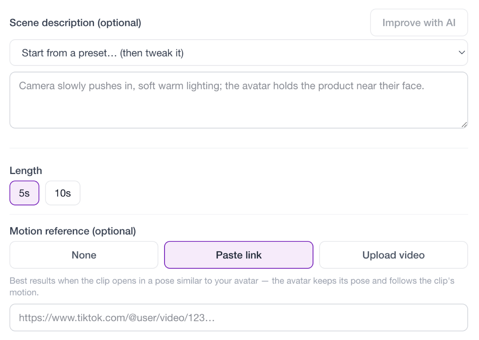 Create screen with Paste link selected and a TikTok URL pasted into the motion-reference field